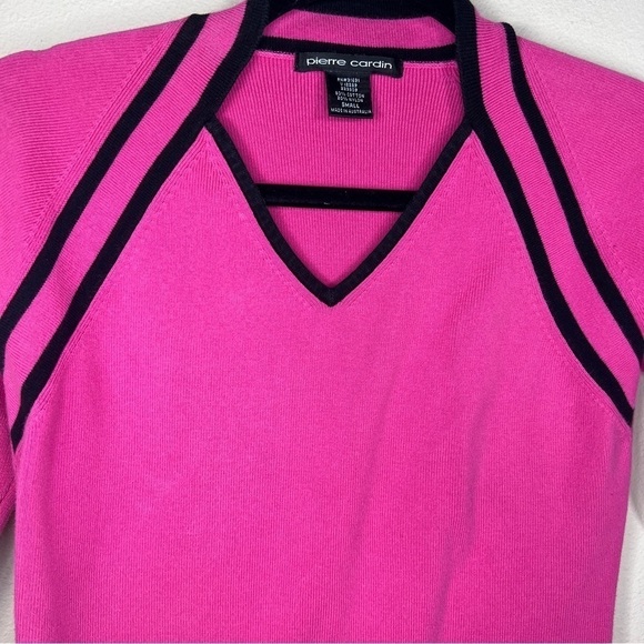SMALL VINTAGE PIERRE CARDIN FUCHSIA PINK BLACK TRIM KNIT TOP PULLOVER STRETCH - Picture 2 of 6